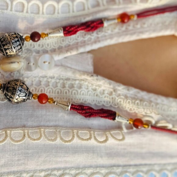 Vintage Style Tassel Necklace with Ornate Metal Beads, Statement Tribal Pendant - Picture 3 of 13